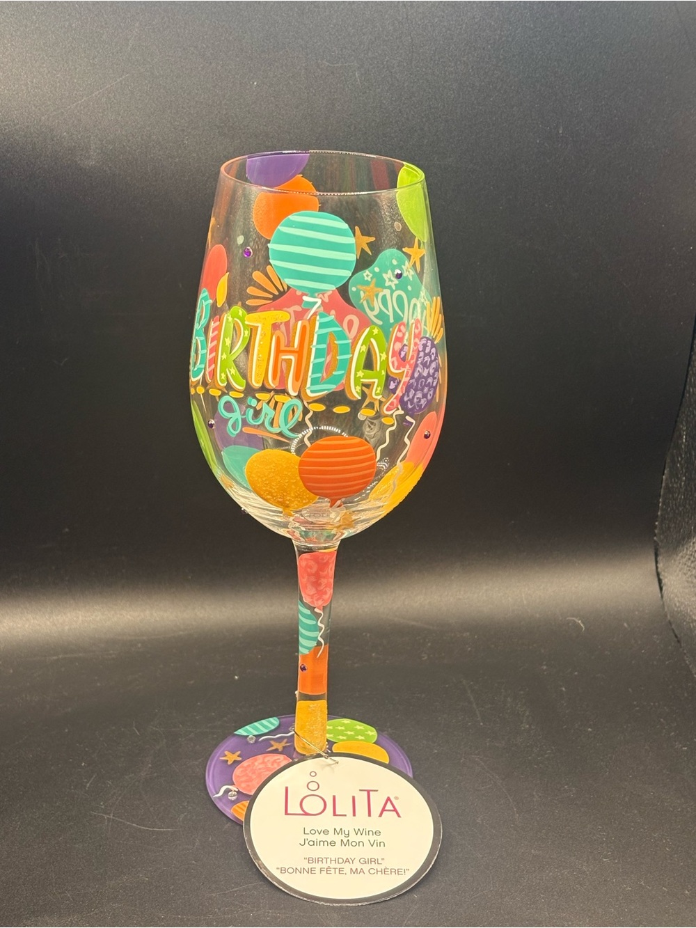 Lolita 'Birthday Girl' 15 oz Hand Painted Wine Glass. Brand New in Original Box